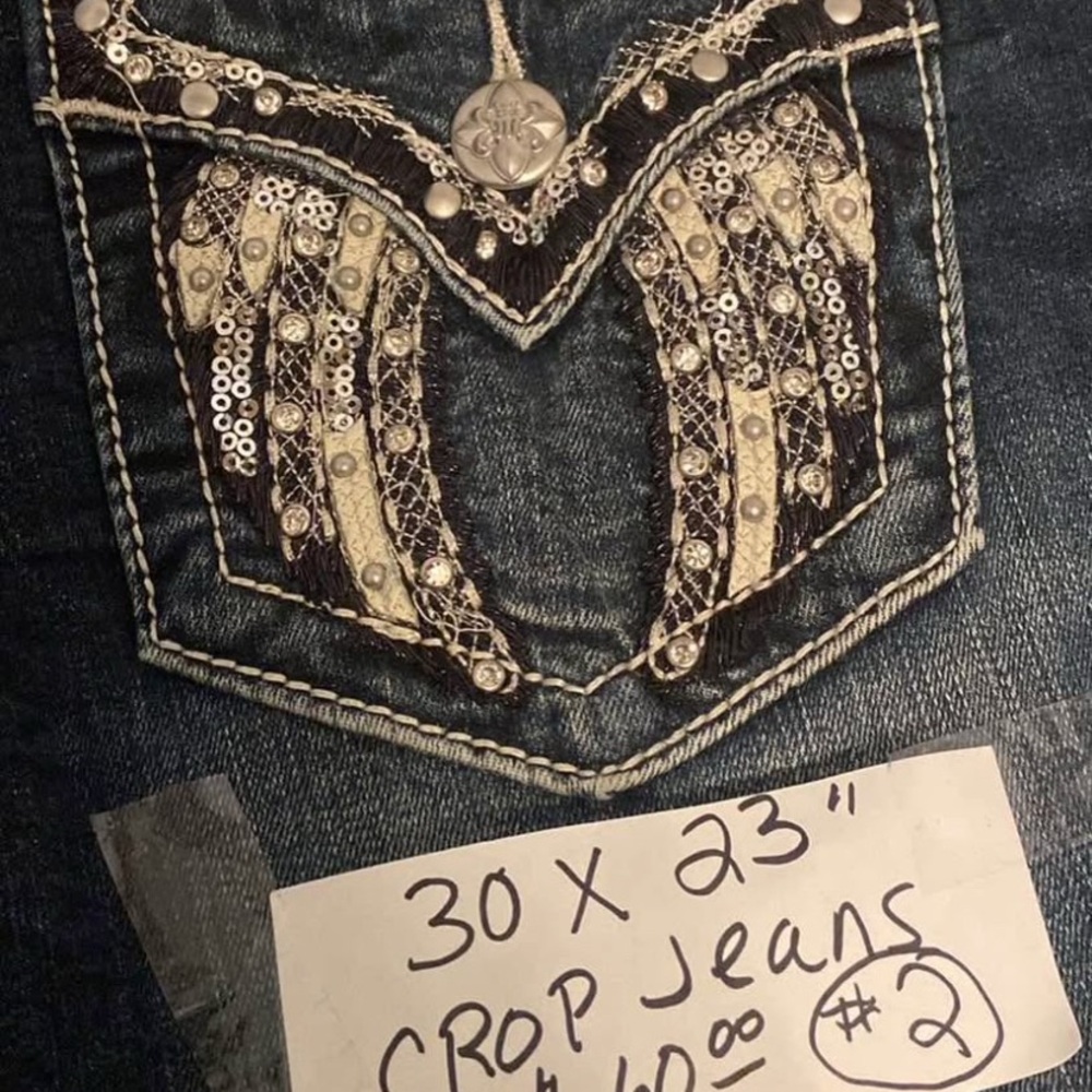 Miss Me Dark Blue Cropped Jeans with Silver Embellishments